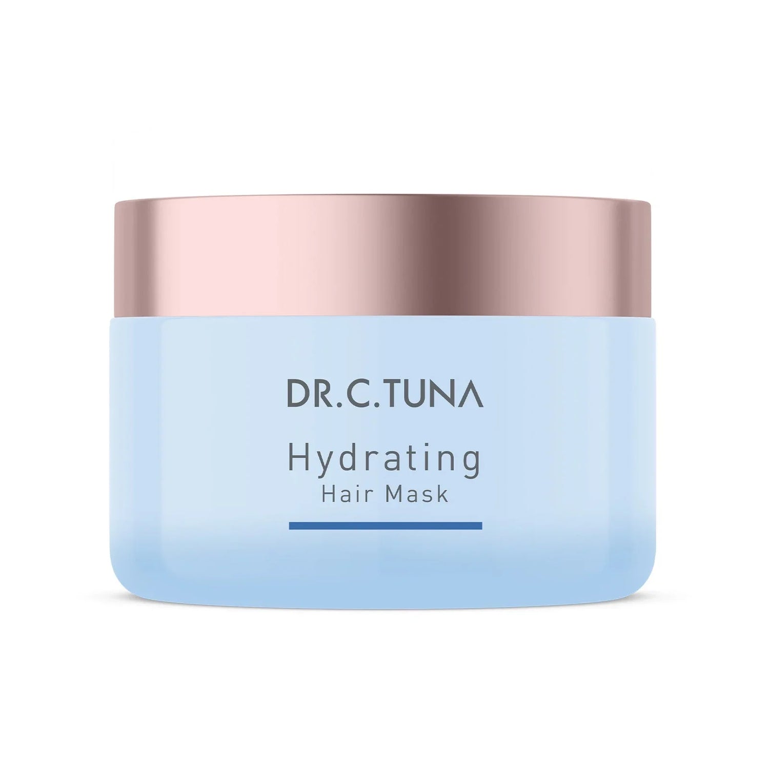 Envase azul de mascarilla hidratante para cabello DR.C.TUNA con tapa rosada