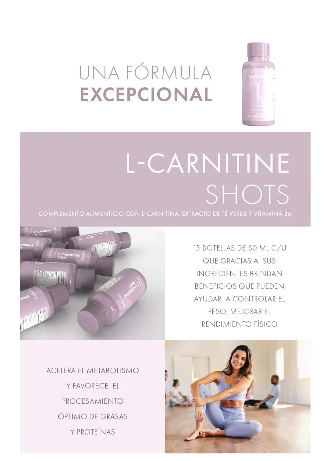 L-Carnitine Shots suplemento alimento botellas moradas beneficios metabolismo y rendimiento físico