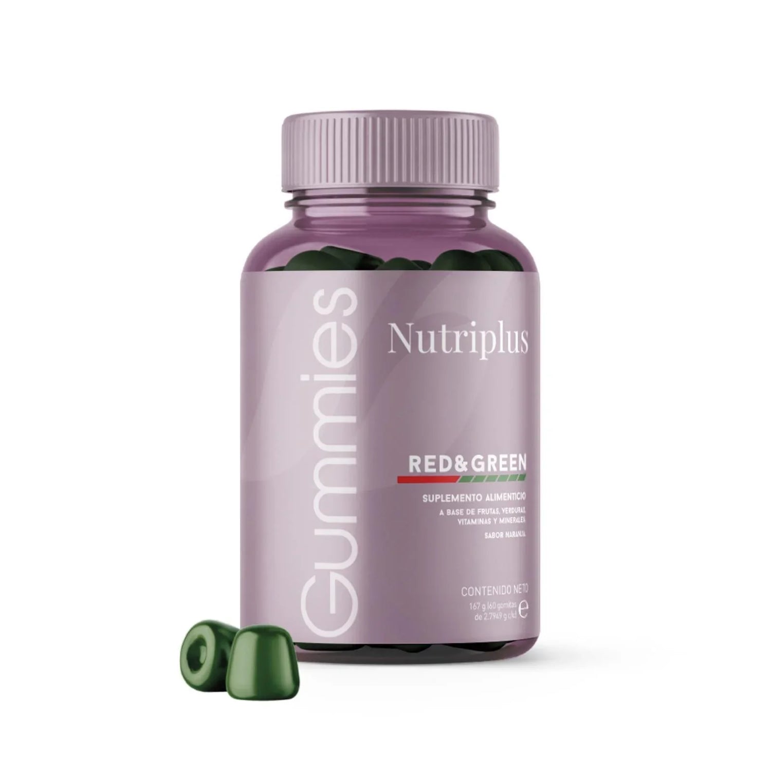 Envase morado de suplemento Red&Green Nutriplus con gomitas verdes sabor naranja