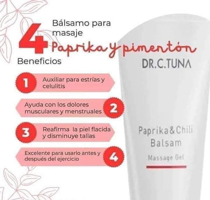 Bálsamo para masaje Dr. C. Tuna con paprika y pimentón, beneficios para estrías, dolores musculares, reafirma piel y ejercicio